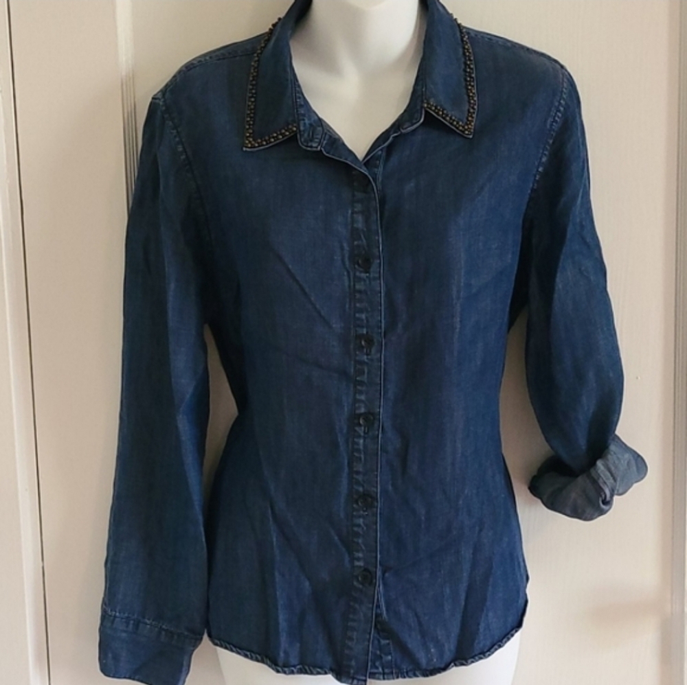 Coldwater Creek Blouse Denim Beaded Accent